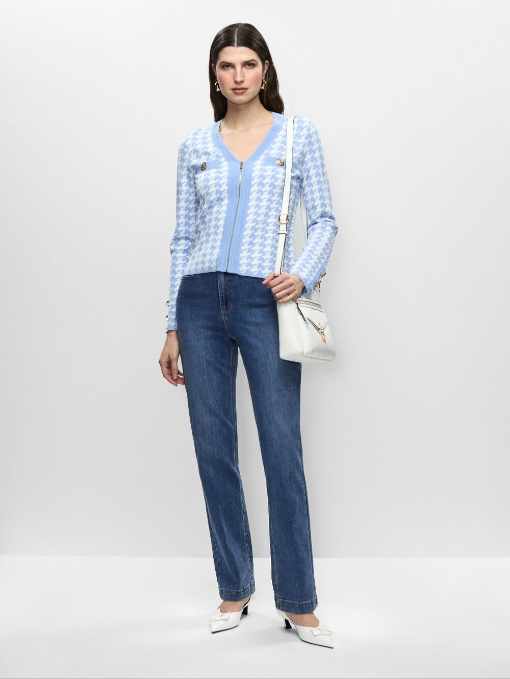 Melanie Lyne Houndstooth Zip Cardigan in Blue & White Sz M